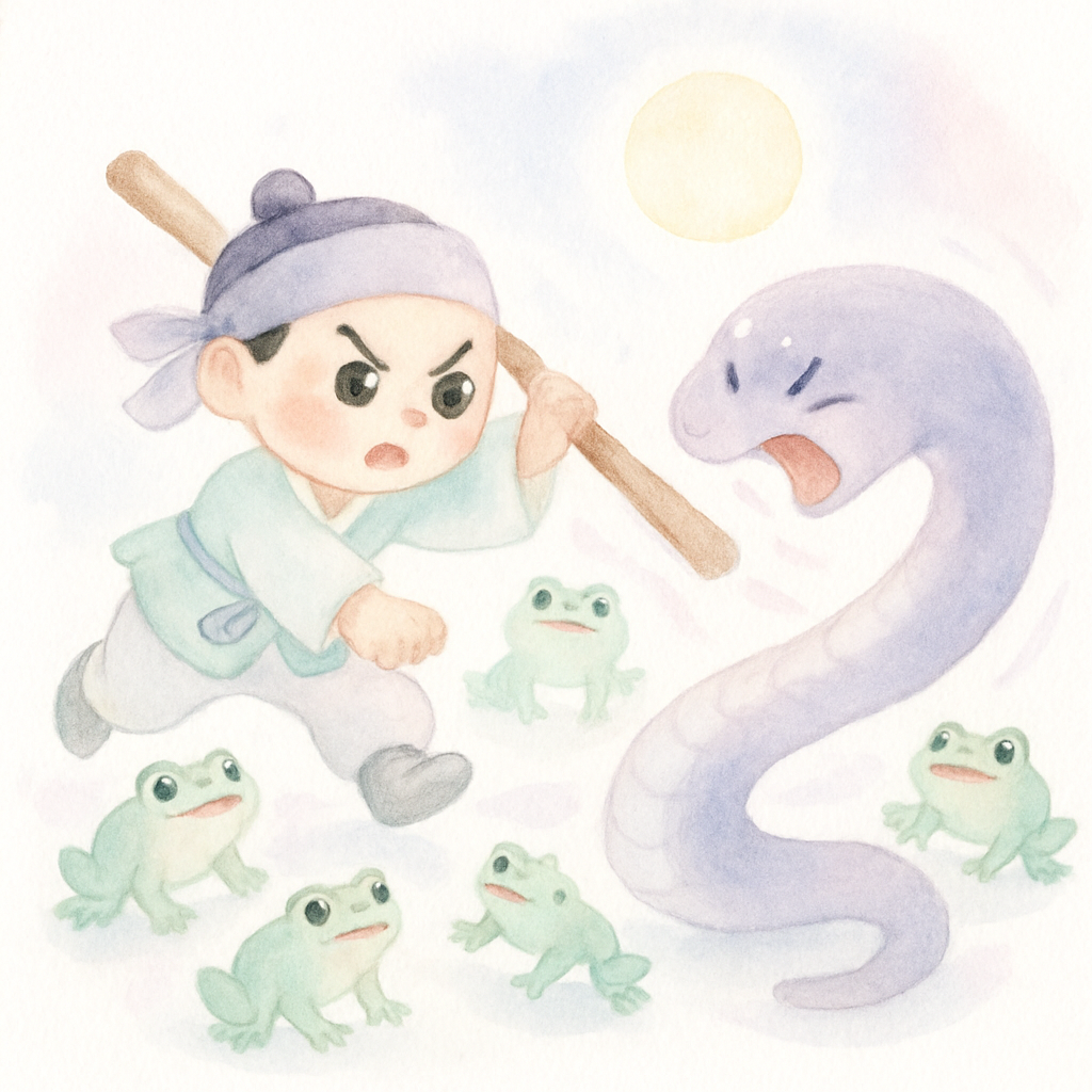 나그네가 구렁이를 막대기로 물리치는 장면